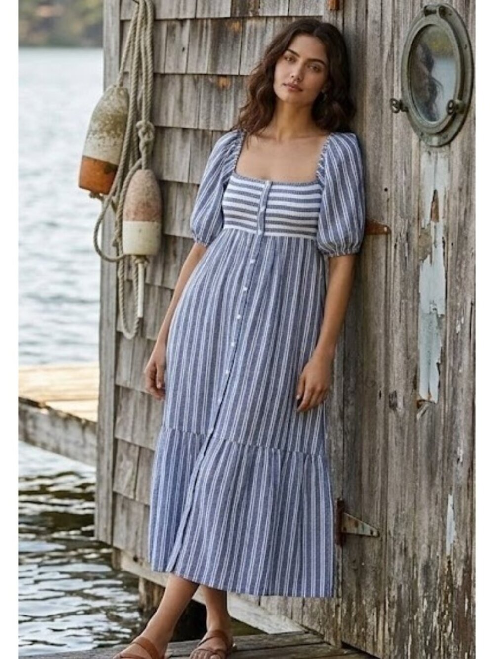 NWT Emerson Fry Love, Tomas Striped Smocked Cotton Maxi Shirt Dress M/L